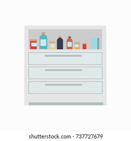 Medicine chest of drawers with medicaments, syrups and liquids in bottles with labels on them, vector illustration isolated on white