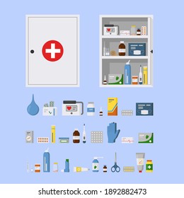 Medicine Chest. Empty Metal Open And Closed Medical Cabinet. Set Of Medications - Pills, Bottles, Drops, Tonometer. Flat Vector Illustration.