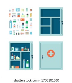 Medicine Chest Full Of Drugs, Pills And Bottles. Empty Metal Open And Closed Medical Cabinet. Medications That Can Be Put In The First Aid Kit. Vector Illustration In Flat Style On White Background