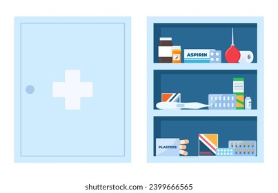 El pecho de la medicina lleno de medicamentos, pastillas y botellas. Gabinete médico abierto y cerrado. Medicamentos para botiquín de primeros auxilios. Ilustración del vector