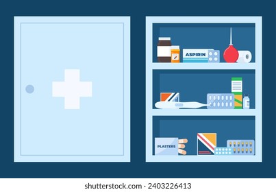 Medicine chest full of drugs, pills and bottles. Open and closed medical cabinet. Medications for first aid kit. Vector illustration