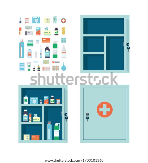 Medicine chest full of drugs, pills and\
bottles. Empty metal open and closed medical cabinet. Medications\
that can be put in the first aid kit. Vector illustration in flat\
style on white\
background