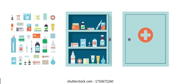 Medicine Chest Full Of Drugs, Tablets And Bottles. Medical Cabinet With Closed And Open Door. Medications For The First Aid Kit. Isolated Vector Illustration In Flat Style On White Background