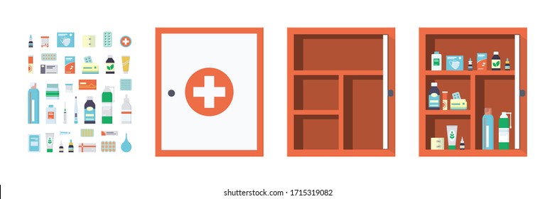 Medicine Chest Full Of Drugs, Tablets And Bottles. Empty Metal Open And Closed Medical Cabinet. Medications For The First Aid Kit. Isolated Vector Illustration In Flat Style On White Background