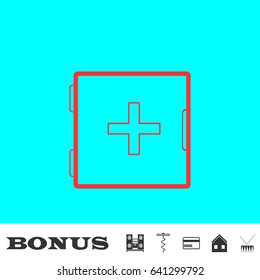 Medicine chest icon flat. Red pictogram on blue background. Vector illustration symbol and bonus buttons Music center, corkscrew, credit card, house, drum
