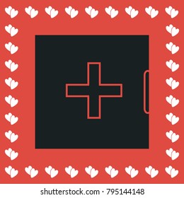 Medicine chest icon flat. Simple black pictogram on red background with white hearts for valentines day. Vector illustration symbol