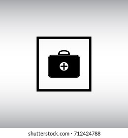 Medicine chest isolated vector sign. First aid kit vector flat icon. Cure square button image.