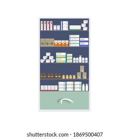 Medicine chest. On the shelves are medicines, bottles, pills, various tablets, capsules and vitamins for wellness treatments.  Pharmacy office with showcase and chest. Vector