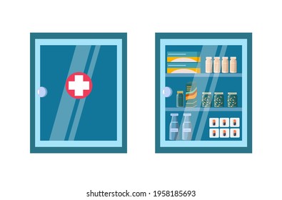 Medicine chest. Pharmacy shelf on wall. On the shelves there are drug, pills in blister packs, bottles. Full, empty and closed pharmaceutical chest for the first aid kit. Medical office. Vector