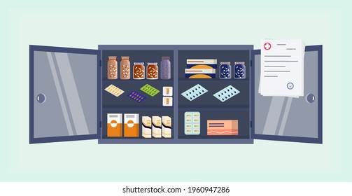 Medicine chest. Pharmacy shelf on wall. On the shelves there are drug, pills in blister packs, bottles. Full, opened pharmaceutical chest for the first aid kit. Doctor's prescription.Medical office. 