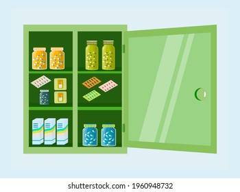 Medicine chest. Pharmacy shelf on wall. Full, opened green pharmaceutical chest for the first aid kit. On the shelves there are drug, pills in blister packs, bottles. Medical office. Vector