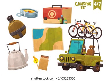 Medicine chest teapot flask map compas car with bicycles camping set vector