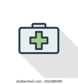 medicine chest thin line flat color icon. Linear vector illustration. Pictogram isolated on white background. Colorful long shadow design.