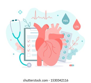 Medicine Cholesterol Level Concept. Check The Health Of The Heart. Realistic Heart, Stethoscope, Tablets And Cardiogram. Flat Vector Illustration.