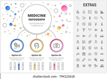 Medicine circle infographic template, elements and icons. Infograph includes customizable bar charts, line icon set with medical stethoscope, disable person, hospital doctor, nurse, first aid kit etc.