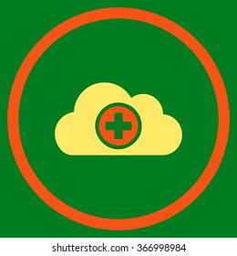 Medicine Cloud vector icon. Style is bicolor flat circled symbol, orange and yellow colors, rounded angles, green background.