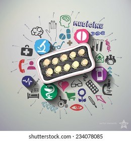 Medicine collage with icons background. Vector illustration