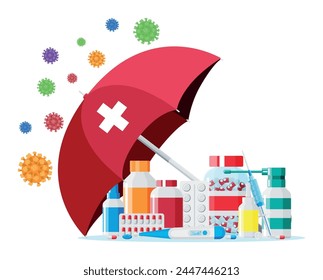 Medicine collection behind umbrella that attacked by viruses and bacteria cells. Vaccination and immunity concept. Set of bottles, tablets, pills, capsules sprays for illness. Flat vector illustration