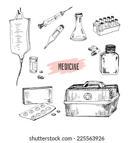 Medicine. Collection of hand drawn graphic illustrations