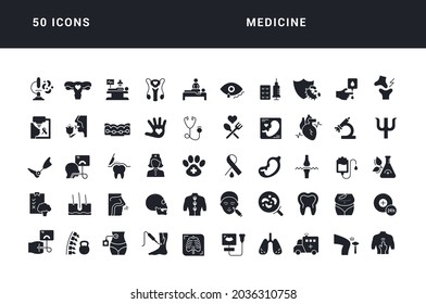 Medicine. Collection of perfectly simple monochrome icons for web design, app, and the most modern projects. Universal pack of classical signs for category Medicine.