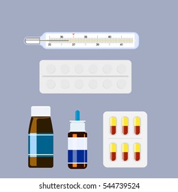 Medicine collection set. Thermometer, tablets, capsules, drug, syrup, spray. Flat design