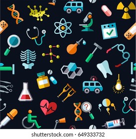 Medicine, colored background, seamless, black, vector. Colored icons medical services and instruments on a black field. Vector background. 