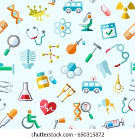 Medicine, colored background, seamless, blue, vector. Colored icons of medical services, and tools on a light blue field. Vector background. 