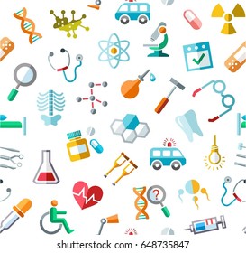 Medicine, colored background, seamless, white, vector. Colored icons of medical services, and tools on a white field. Vector background. 