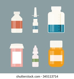 Medicine colorful bottles collection. Bottles for drugs, tablets, capsules and sprays. Hospital equipment. Vector illustration on gray background
