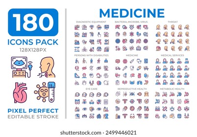 Medicine colorful icons set collection. Disabilities, diagnostics. Diseases treatments. Medical services mega pack of flat line symbols, pixel perfect. Isolated vector illustrations. Editable stroke