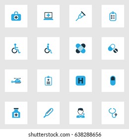 Medicine Colorful Icons Set. Collection Of Pill , Handicapped, Apparatus Elements. Also Includes Symbols Such As Aid, Mercury, Sign.