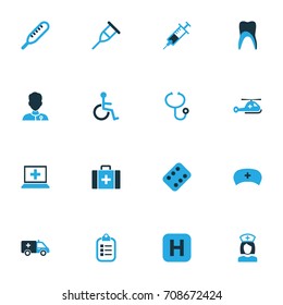 Medicine Colorful Icons Set. Collection Of Handicapped, Tooth, Physician Elements. Also Includes Symbols Such As Tools, Help, Crutch.