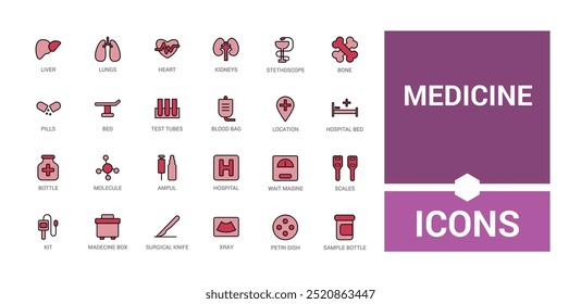 Medicine colorful icons set, Color line web icon collection. Outline icons pack. Vector illustration. Icon names are written in English.