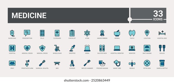 Conjunto de ícones coloridos do medicamento, coleção de ícones da Web da linha de cores. Contornar ícones de pacote. Ilustração vetorial. Os nomes dos ícones são escritos em inglês.