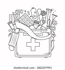 Medicine coloring book for adults. First aid kit, mask, bandage, syringe, virus in the outline style. Vector illustration.