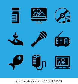 medicine, compact disc, fish, drop counter, maraca, hand holding a stalk, television, radio and laptop vector icon. Simple icons set