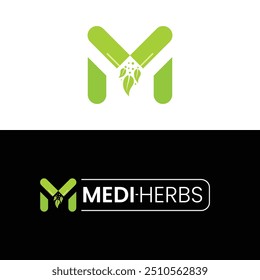 Logotipo de la compañía de la medicina con la letra M y diseño herbario del Vector del icono de la cápsula