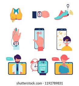 Medicine with computer technologies. Vector healthcare icons set isolate. Run sport, online consultation, time and pulsometer, tracker for personal training