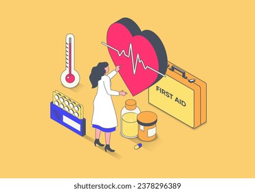 Medicine concept in 3d isometric design. Woman works as cardiologist, examining heart and heartbeat, diagnosing and prescribing pills. Vector illustration with isometry people scene for web graphic