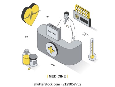 Medicine concept in 3d isometric outline design. Doctor cardiologist provides first aid in clinic, diagnosis of diseases, prescribing drugs, line web template. Vector illustration with people scene