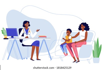 Medicine concept with black doctor and family patients. Practitioner african american ethnic doctor and young woman with child patient in hospital medical office. Consultation and diagnosis.