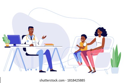 Medicine concept with black doctor and family patients. Practitioner african american ethnic doctor man and young woman with child patient in hospital medical office. Consultation and diagnosis.
