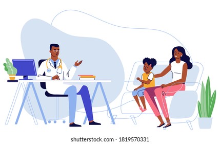 Medicine concept with black doctor and family patients. Practitioner african american ethnic doctor man and young woman with girl child patient in hospital medical office. Consultation and diagnosis.