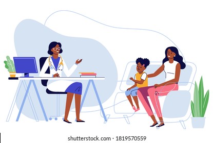 Medicine concept with black doctor and family patients. Practitioner african american ethnic doctor and young woman with girl child patient in hospital medical office. Consultation and diagnosis.