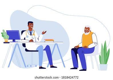 Medicine Concept With Black Doctor And Old Patient. Practitioner African American Ethnic Doctor And Senior Man Patient In Hospital Medical Office. Consultation And Diagnosis.