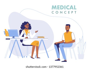 Medicine concept with black doctor and patient. Practitioner african american doctor woman and young man patient in hospital medical office. Consultation and diagnosis.