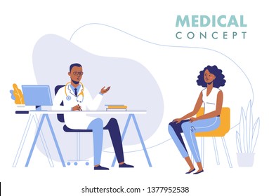 Medicine concept with black doctor and patient. Practitioner african american doctor man and young woman patient in hospital medical office. Consultation and diagnosis.