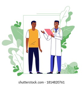 Medicine concept with black doctor and patient on plant background. Practitioner doctor and young man patient in hospital medical office. Consultation and diagnosis.