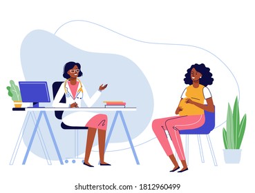 Medicine concept with black doctor and pregnant woman. Practitioner african american ethnic doctor and young pregnant girl patient in hospital medical office. Consultation and diagnosis.