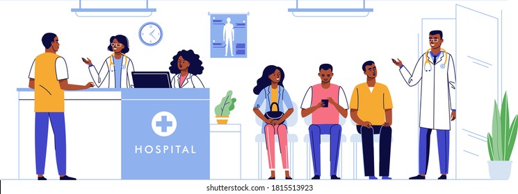 Medicine Concept With Black Doctors And Patient On Emergency Hospital Hall Background. Young African American Ethnic Doctors Man And Women In Reception, Queue Of People In Emergency  Room.